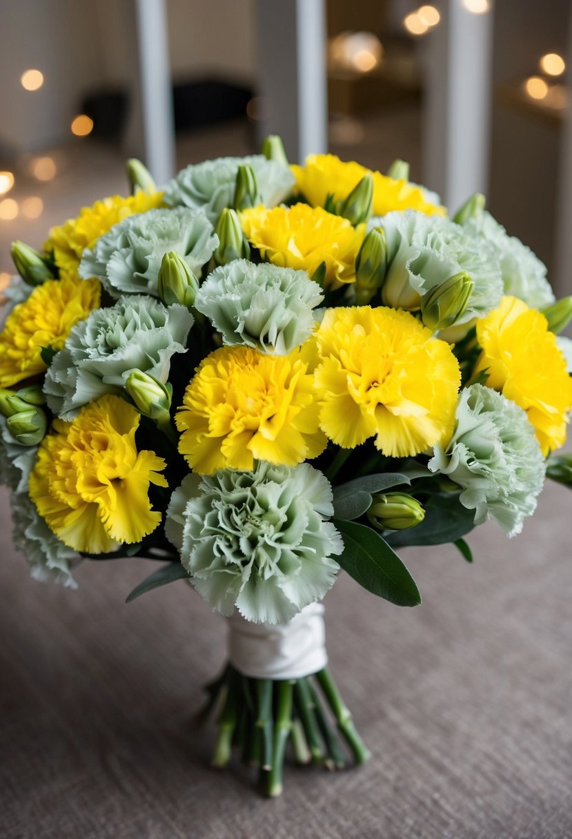 A bouquet of yellow and sage carnations arranged in a charming and elegant wedding bouquet