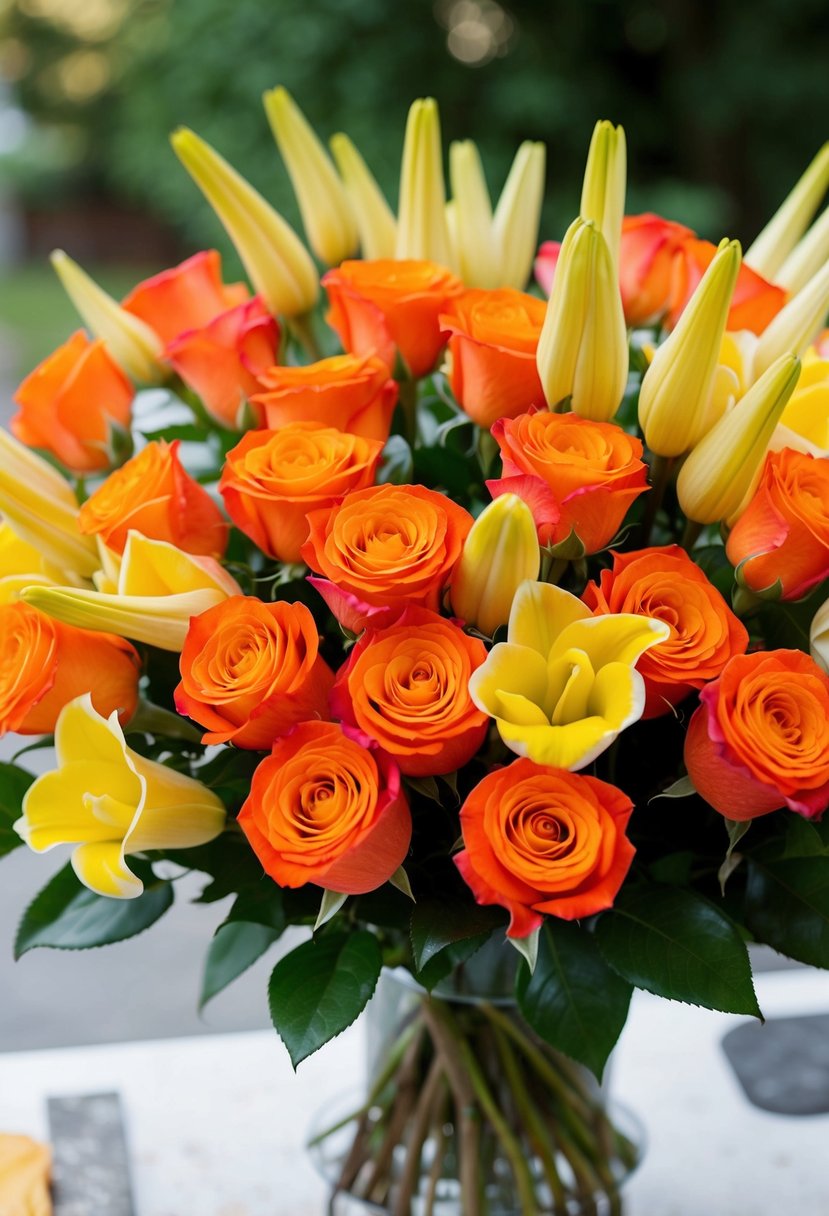 A vibrant bouquet of orange roses and lemon-yellow alstroemerias swaying in the breeze