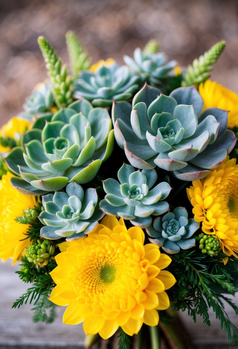 A bouquet of fresh green succulents paired with vibrant yellow chrysanthemums, creating a cheerful and elegant wedding arrangement