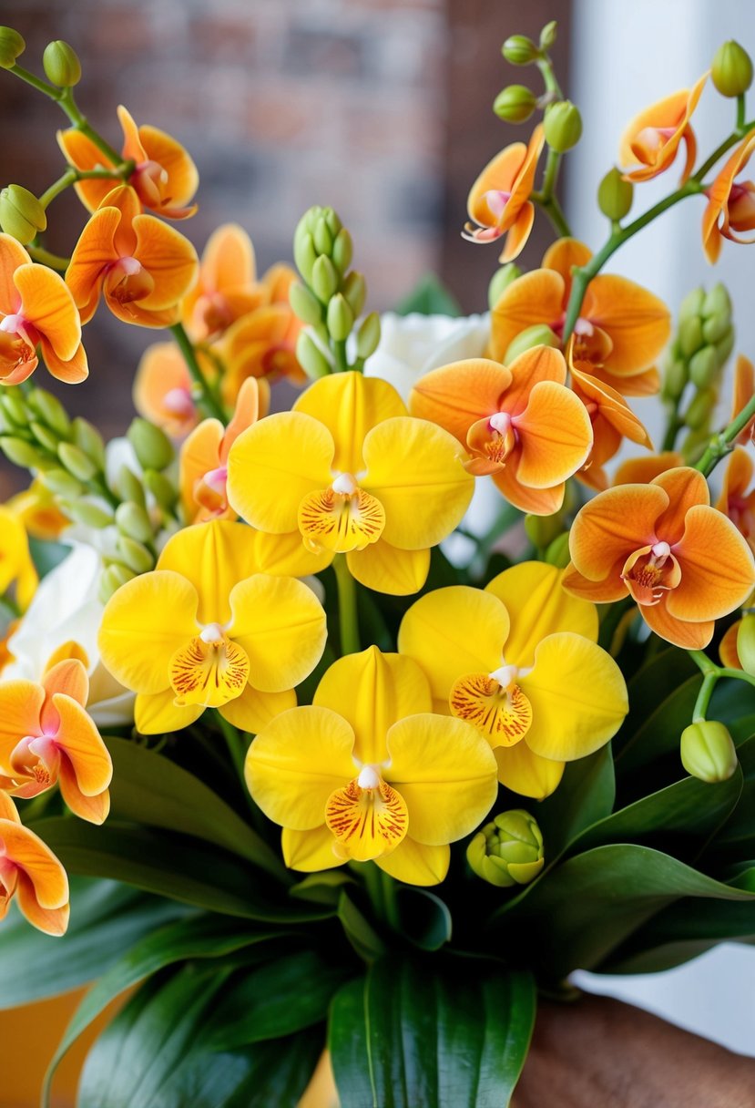 Bright yellow snapdragons intertwine with copper orange orchids in a vibrant wedding bouquet