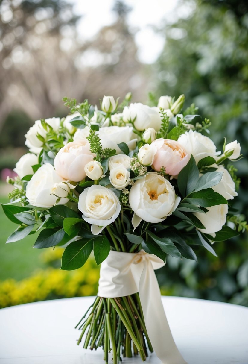 A lush bouquet of white roses, peonies, and greenery tied with a satin ribbon