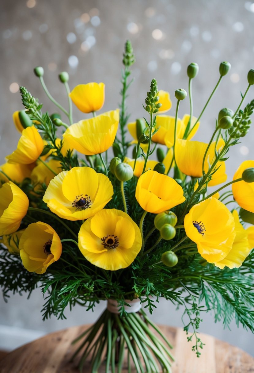 A vibrant bouquet of yellow poppies and green hypericum, arranged in a lively and natural composition