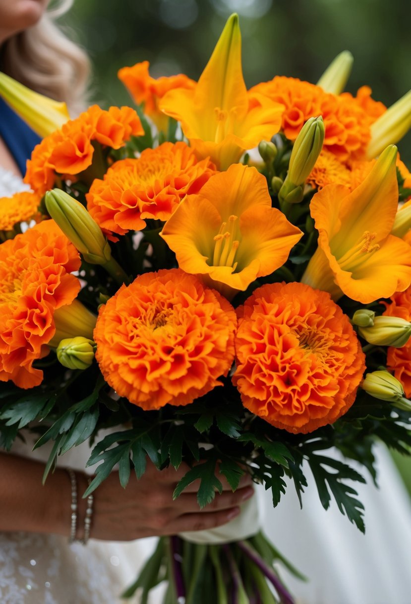 Orange marigolds and yellow gladiolus intertwine in a vibrant wedding bouquet, radiating fiery fervor