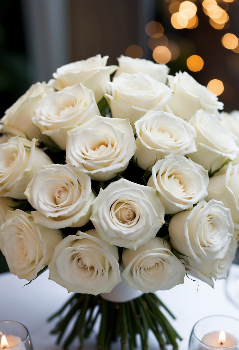 A cluster of white roses arranged in an elegant wedding bouquet