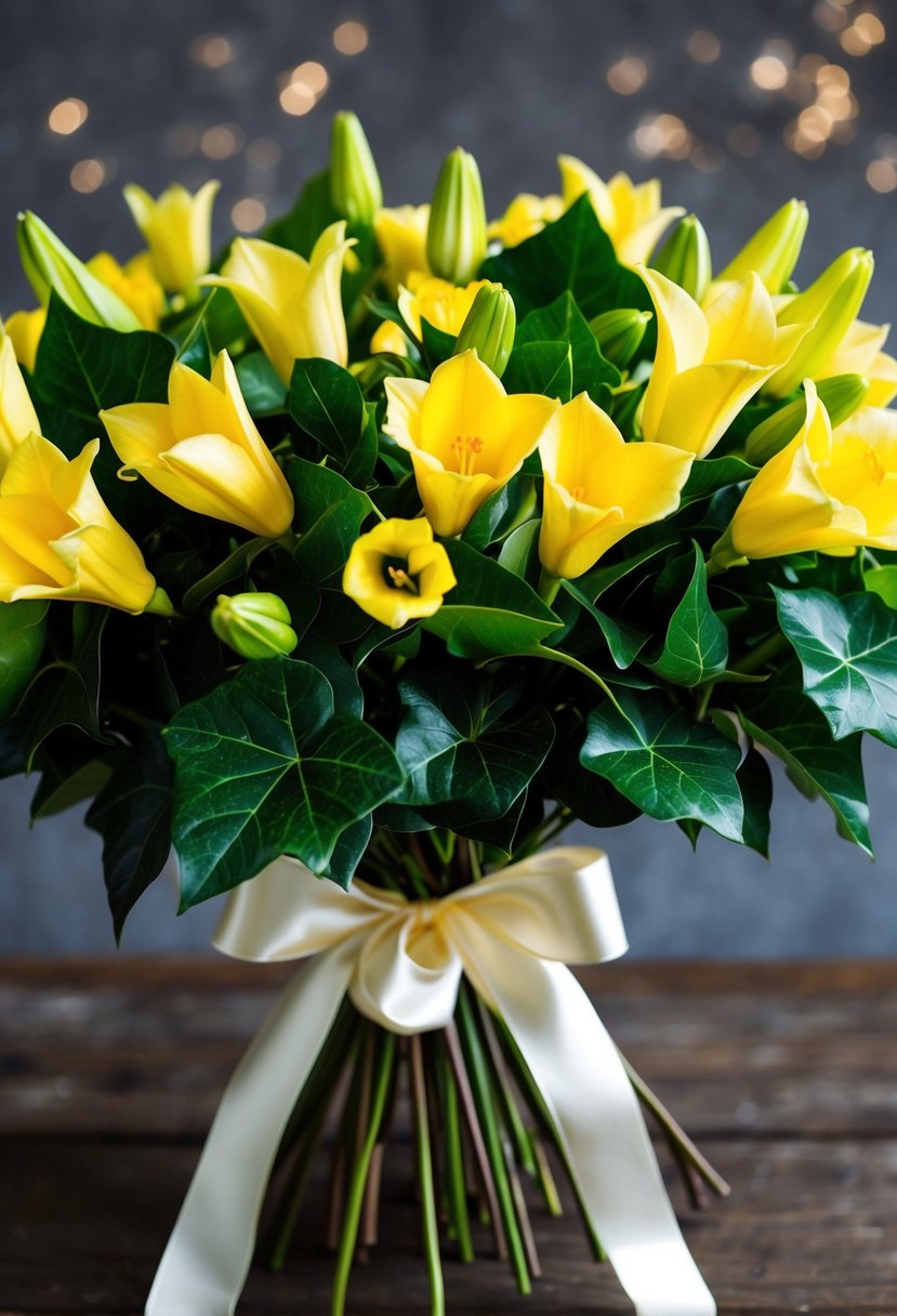 A lush bouquet of yellow freesias and ivy leaves, tied with a satin ribbon