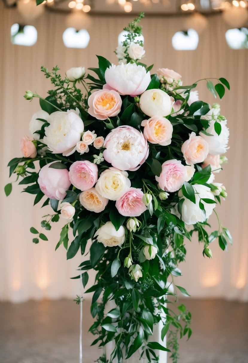 A cascading bouquet of peonies and roses in a classic and elegant arrangement