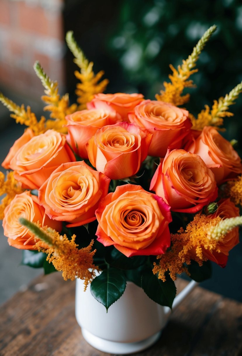 A vibrant bouquet of tangerine roses and goldenrod accents