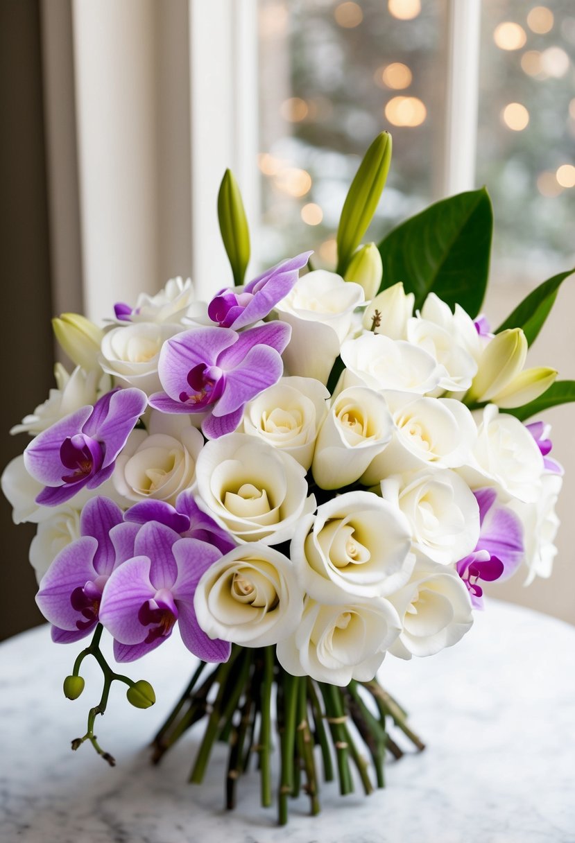 A bouquet of white gardenias and delicate purple orchids arranged in a classic elegant style