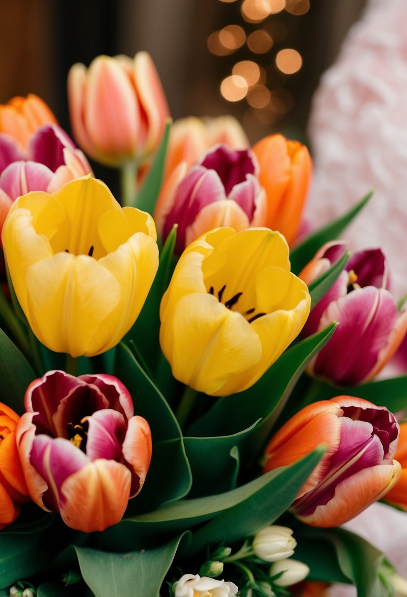 Yellow freesia and tangerine tulips swirl together in a vibrant wedding bouquet