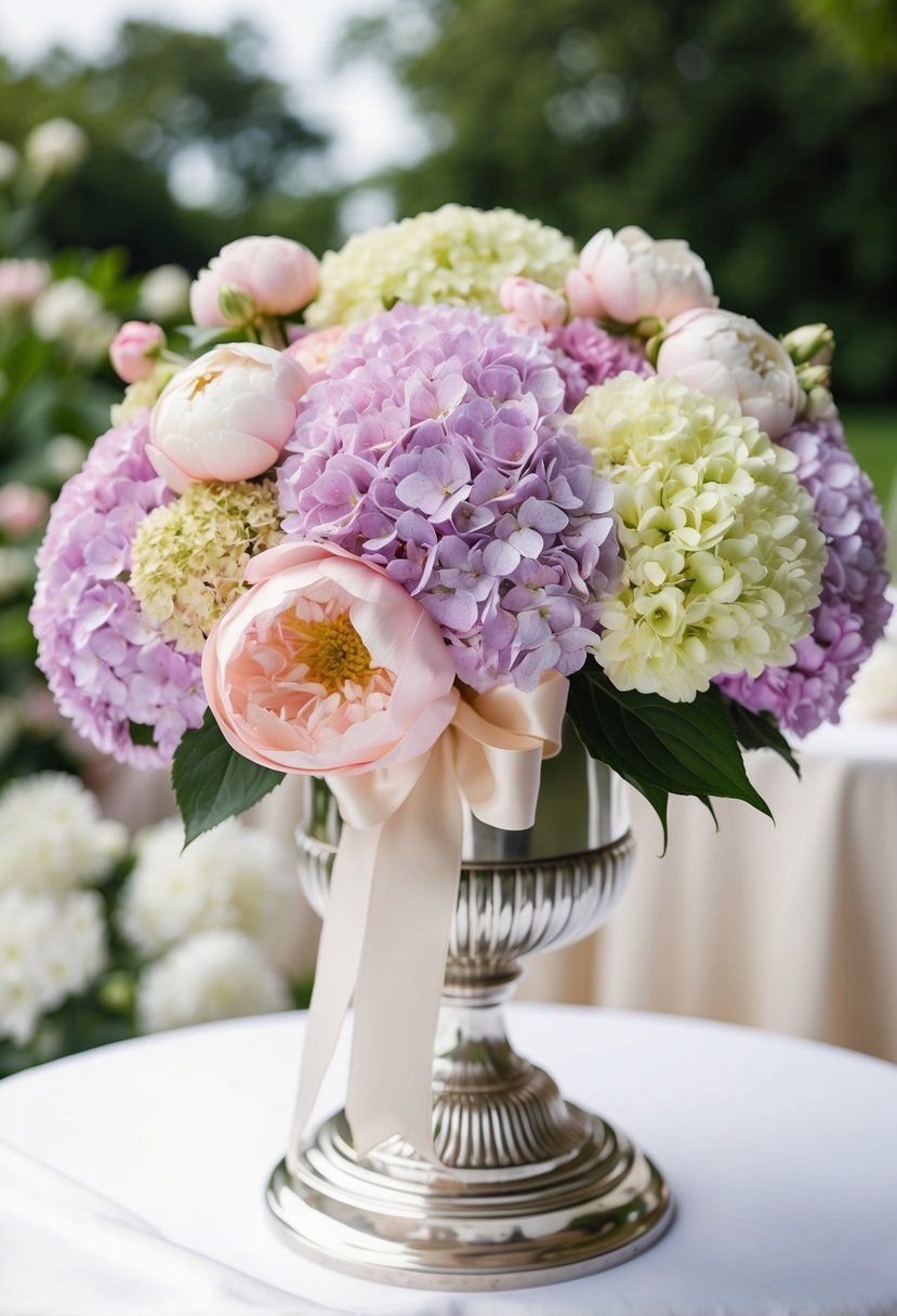 A lush bouquet of hydrangeas and peonies in soft pastel colors, tied with a satin ribbon, displayed on a vintage silver pedestal