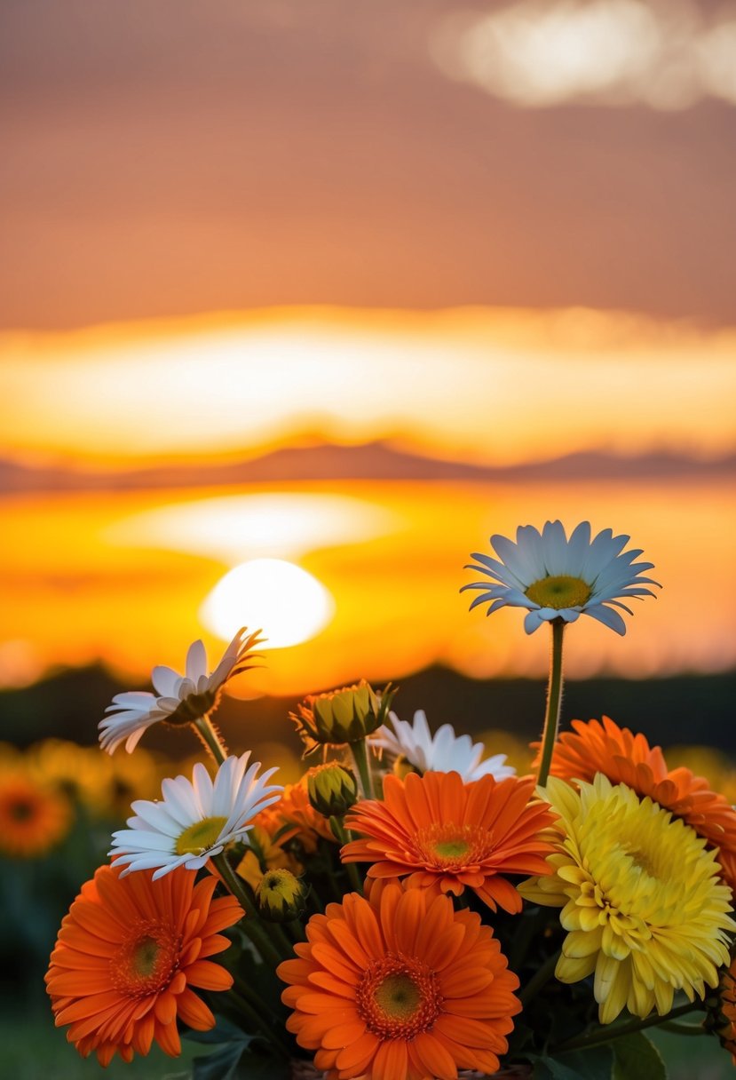 A blazing sunset illuminates a bouquet of orange daisies and yellow chrysanthemums