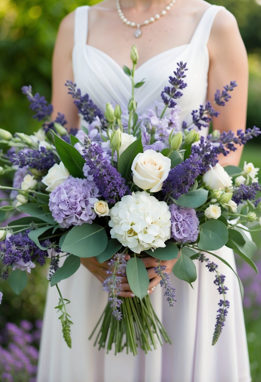 A vintage lavender mix bouquet with classic and elegant flowers arranged in a cascading style