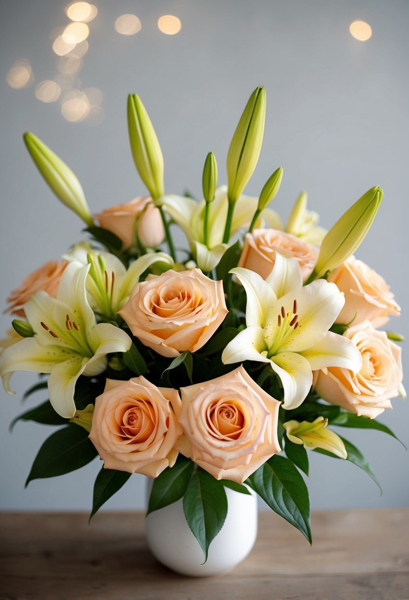 A serene bouquet of pale orange roses and soft yellow lilies arranged in a simple, elegant manner