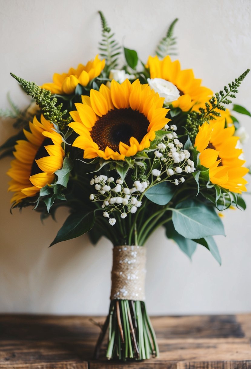 A rustic sunflower charm wedding bouquet with classic elegance