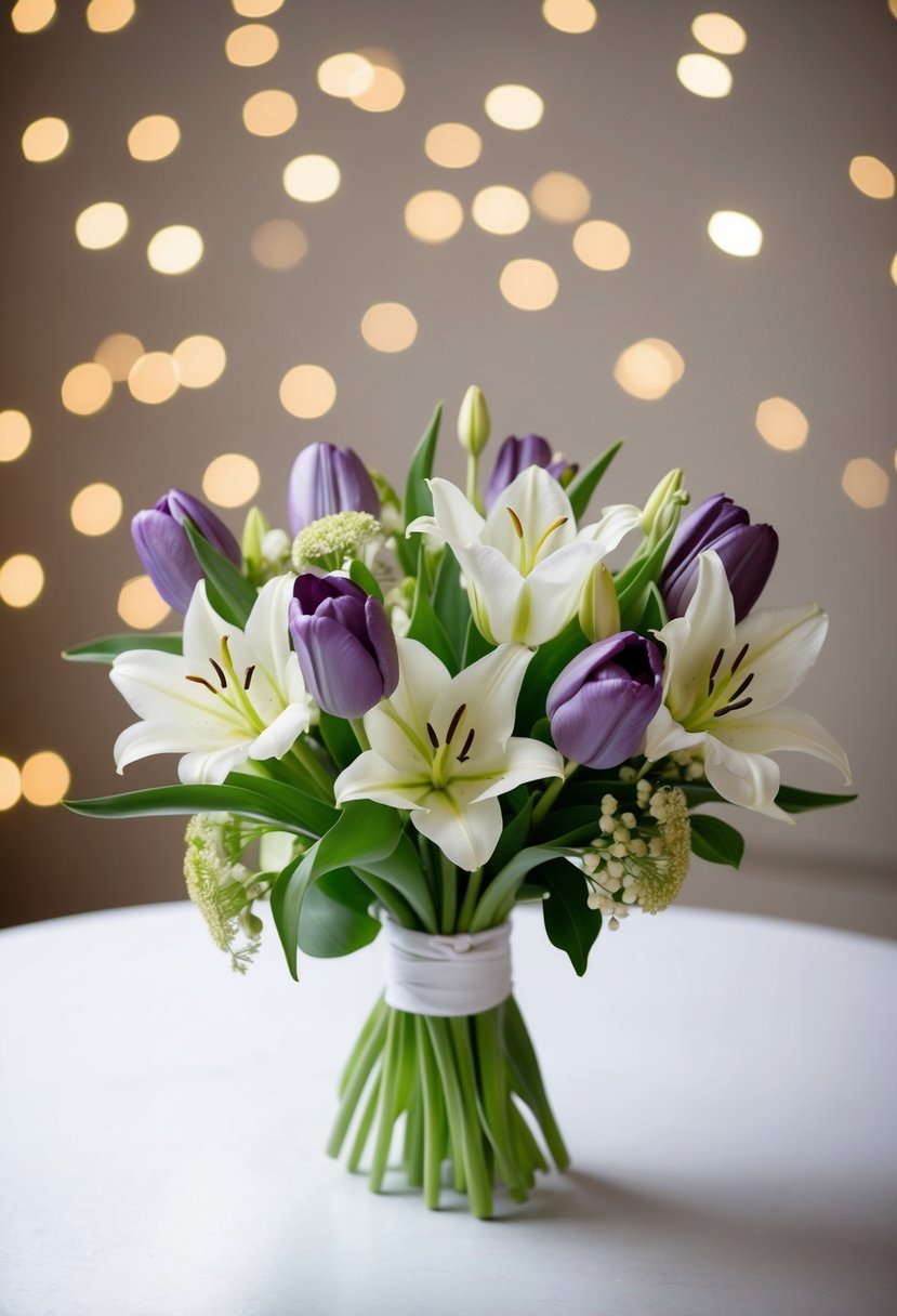 A simple, elegant wedding bouquet featuring tulips and lilies in a classic style