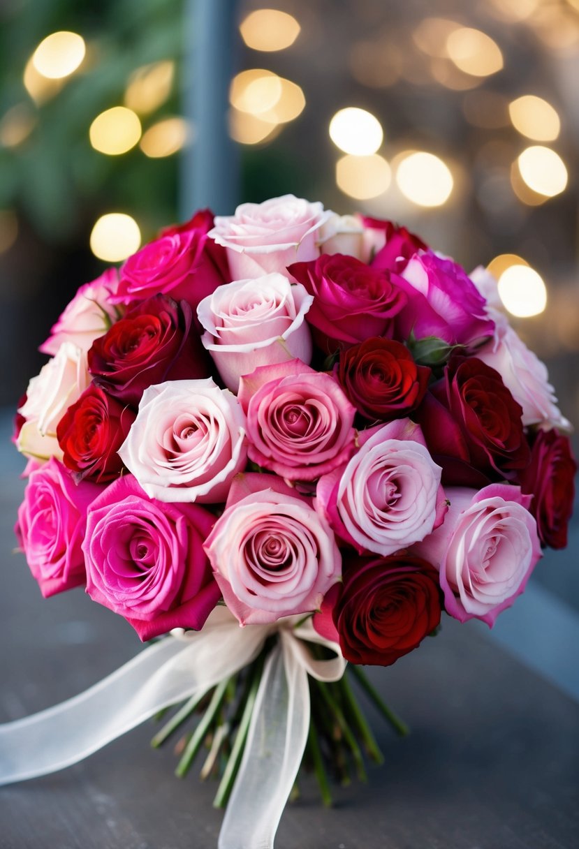 A beautiful bouquet of roses in various shades of pink and red, tied together with a delicate ribbon