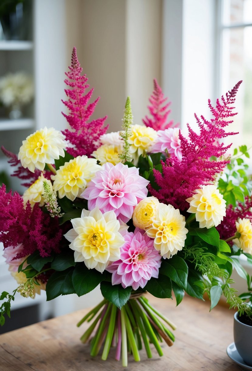 A bouquet of dahlia and astilbe in a classic, elegant arrangement