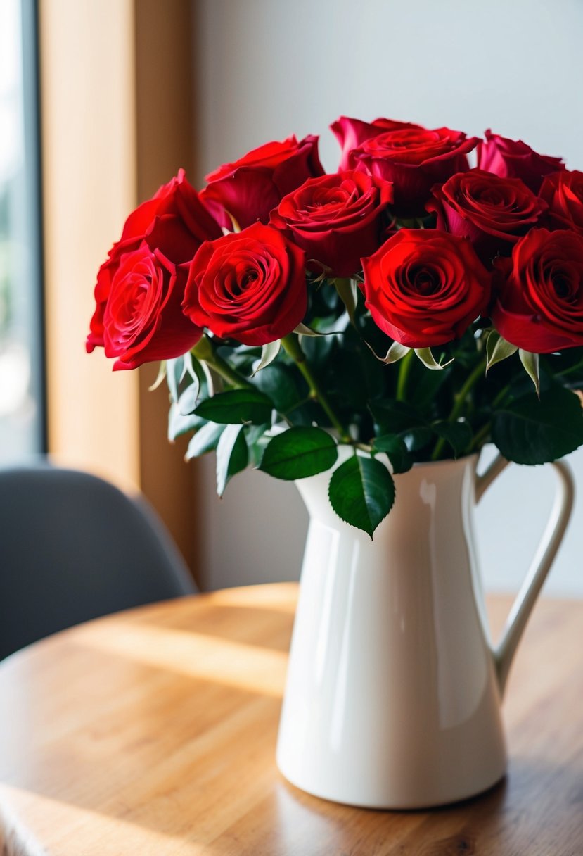 A classic red rose bouquet arranged in a white vase on a wooden table with soft natural lighting