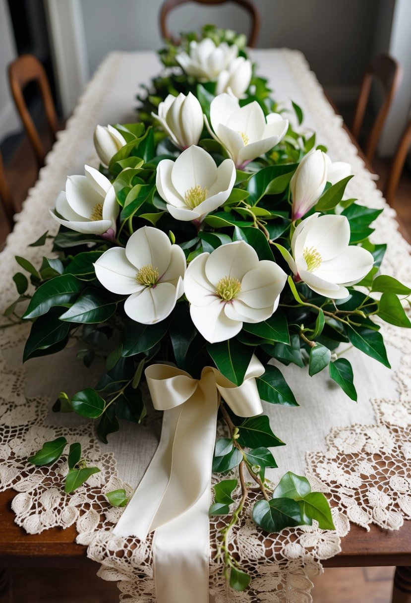 A lush bouquet of fragrant magnolias and delicate ivy, intertwined with elegant ribbon, sits atop a vintage lace table runner