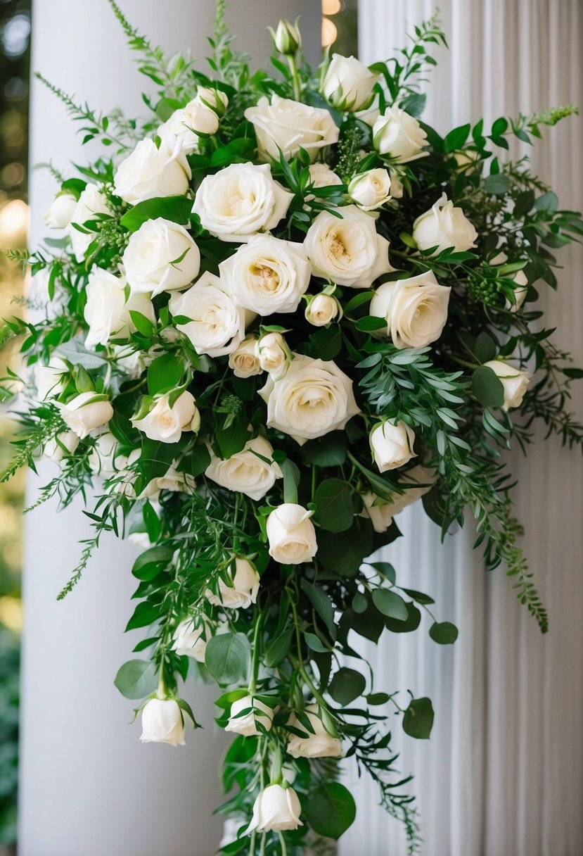 A lush cascade of white roses and greenery spills from a delicate wedding bouquet