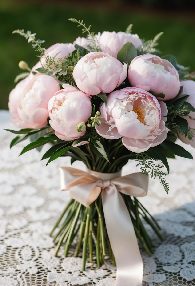 A lush bouquet of soft blush peonies, accented with delicate greenery, tied with a satin ribbon, resting on a vintage lace tablecloth