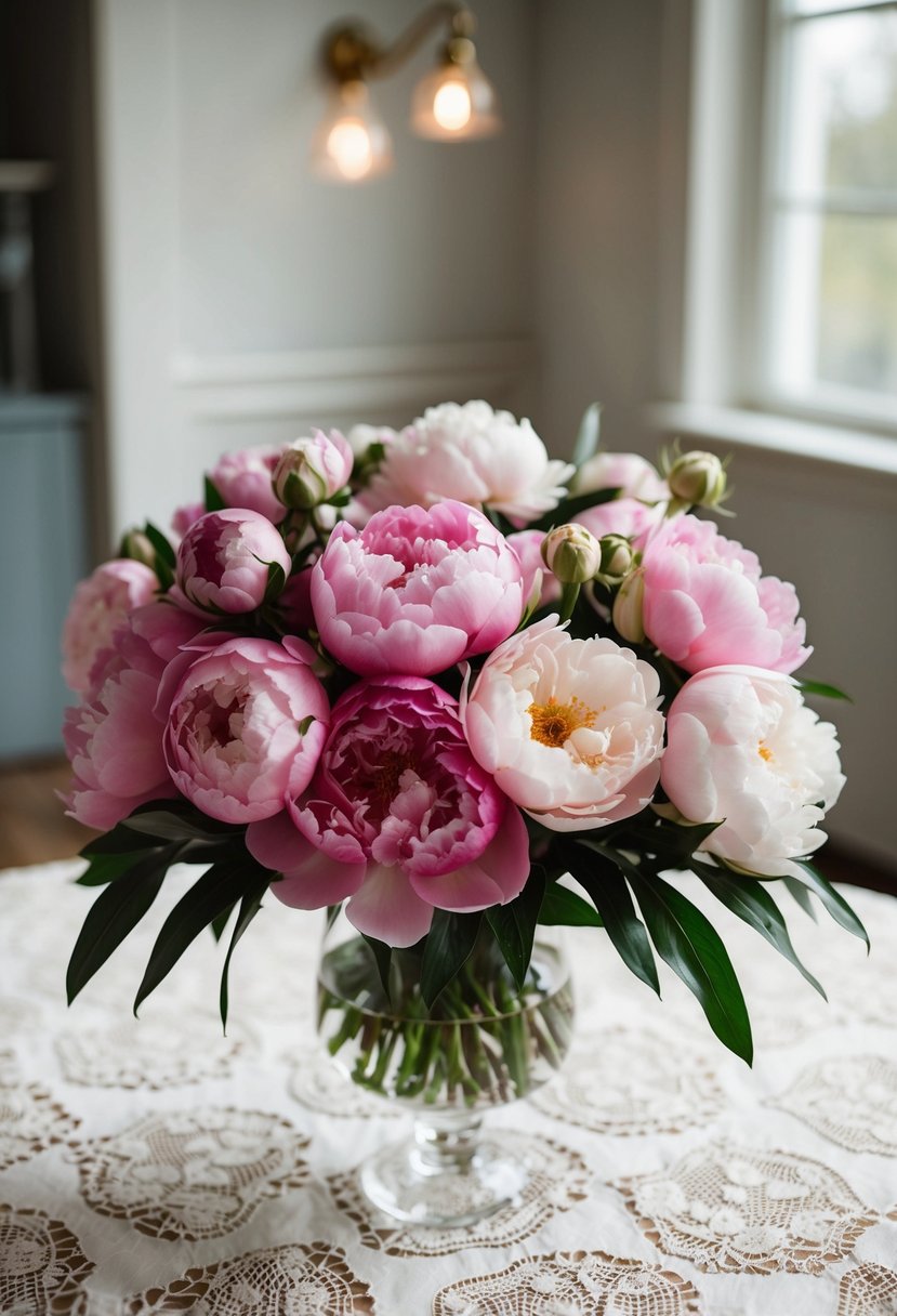 A lush bouquet of pink peonies and roses in a glass vase on a lace tablecloth