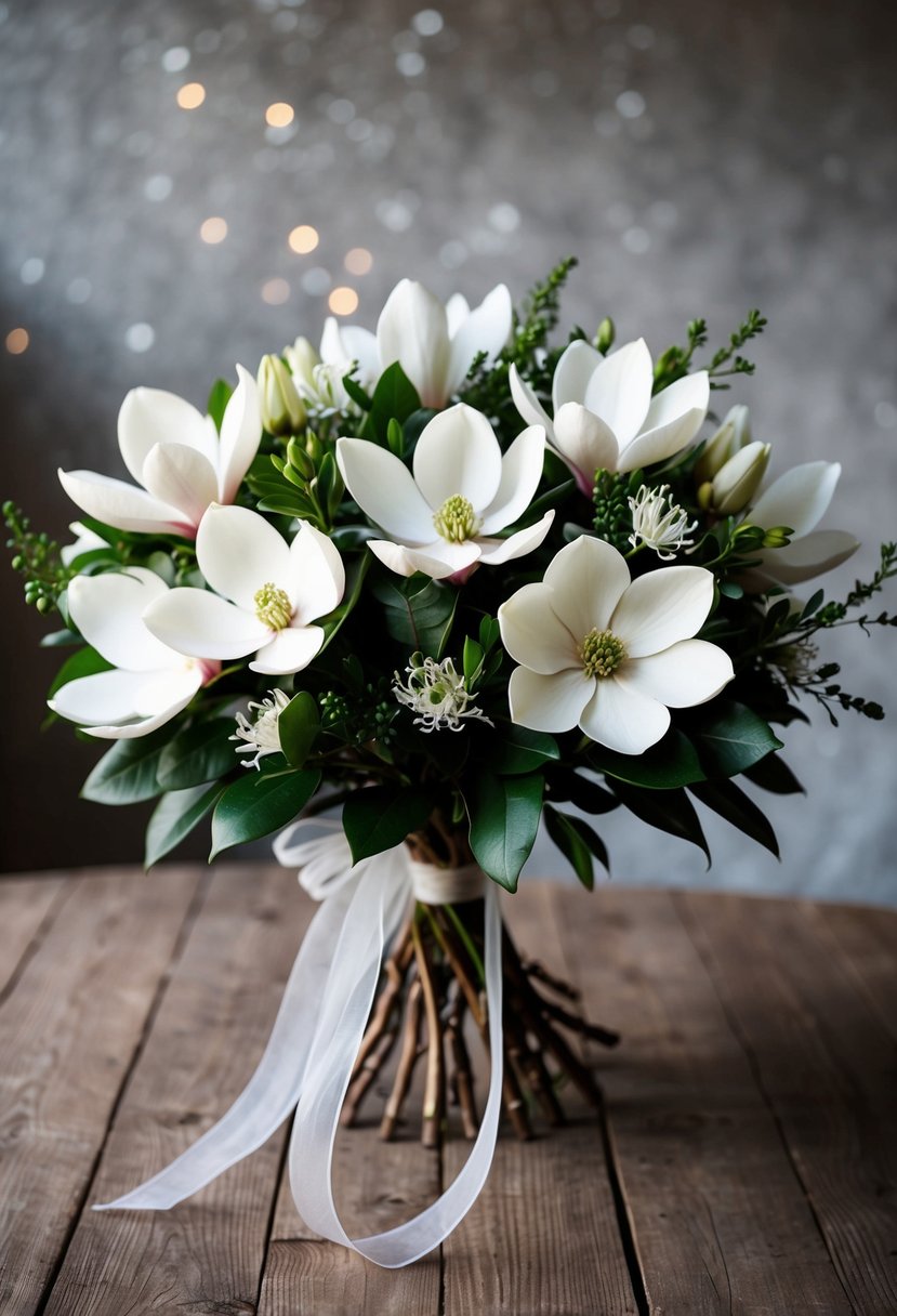 A lush bouquet of white magnolia blossoms, accented with greenery and delicate ribbon, sits on a rustic wooden table