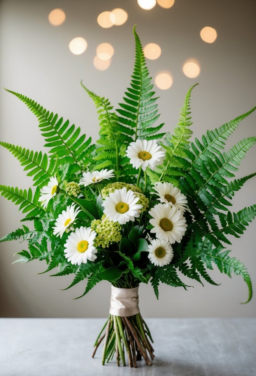 A bouquet of lush ferns and daisies arranged in a classic and elegant style