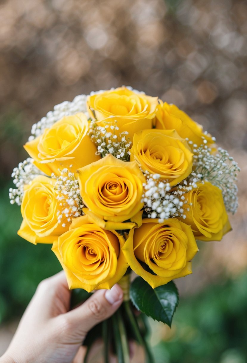 A vibrant yellow rose bouquet with delicate baby's breath accents