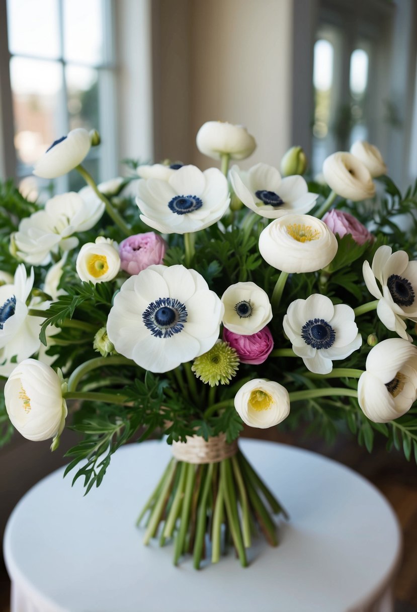 A lush bouquet of anemones and ranunculus arranged in a classic and elegant style