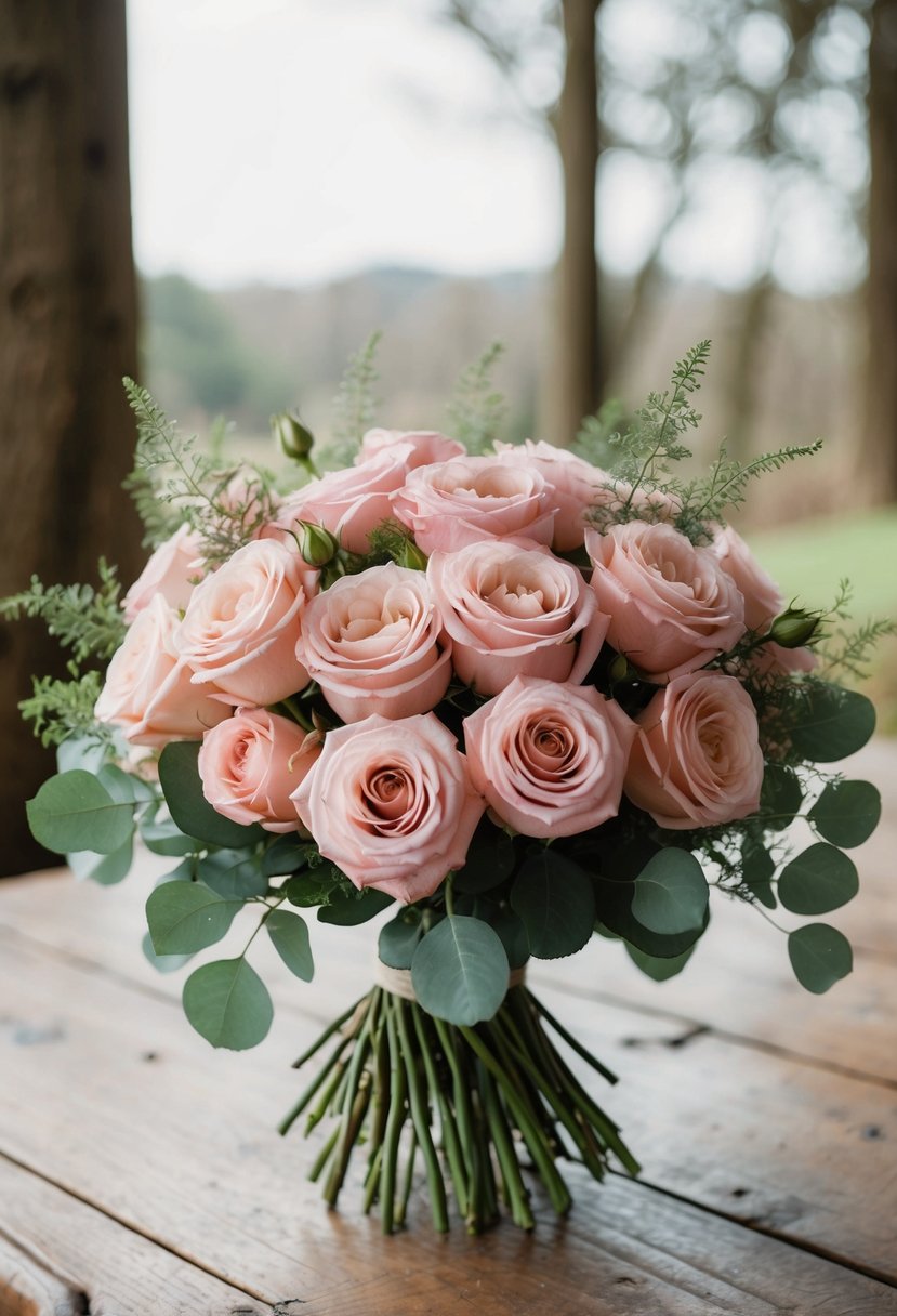 A lush bouquet of blush roses, accented with delicate greenery, sits on a rustic wooden table