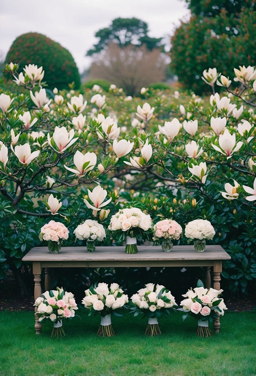 A lush garden filled with blooming magnolia and rose bushes, with various arrangements of wedding bouquets displayed on a rustic wooden table