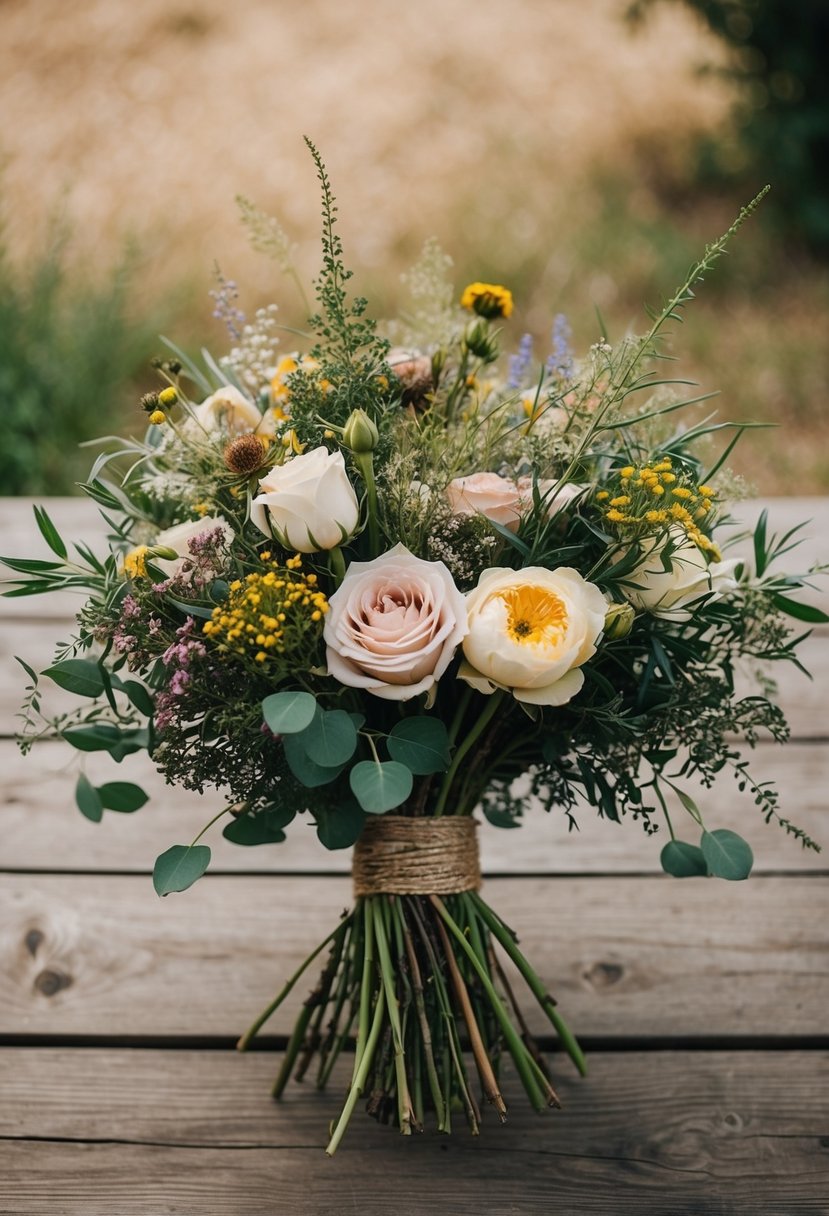 A rustic bouquet of wildflowers and roses, intertwined with greenery, sits on a wooden table