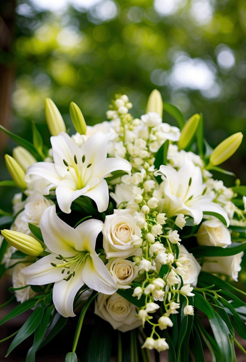 A lush jasmine vine intertwines with delicate lilies in a classic, elegant wedding bouquet