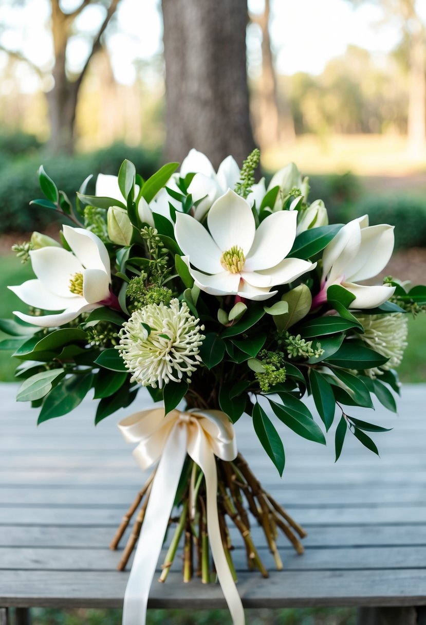 A lush bouquet of Southern Magnolia blooms, accented with delicate greenery, tied with a satin ribbon