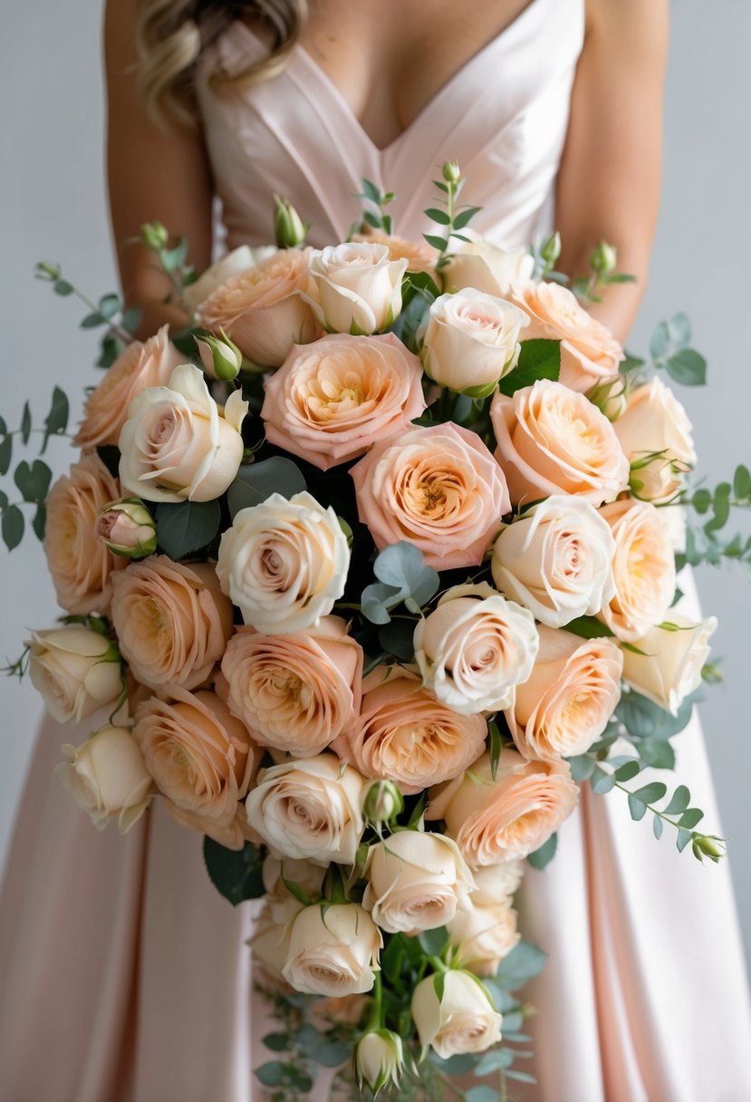 A stunning bouquet of peach and cream roses arranged in an elegant, cascading style