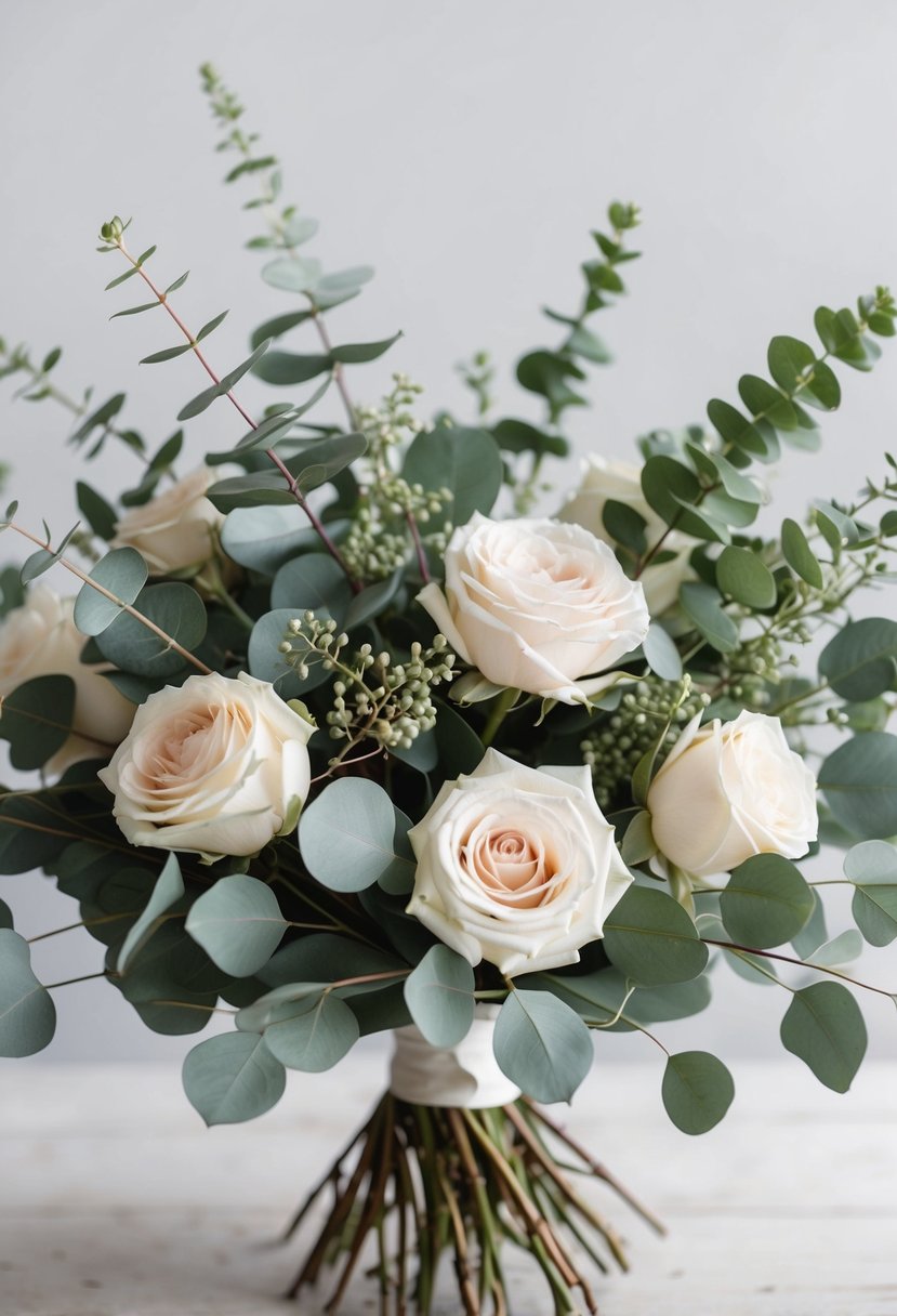 A bouquet of eucalyptus and roses arranged in a classic and elegant style, with soft, harmonious colors and delicate greenery