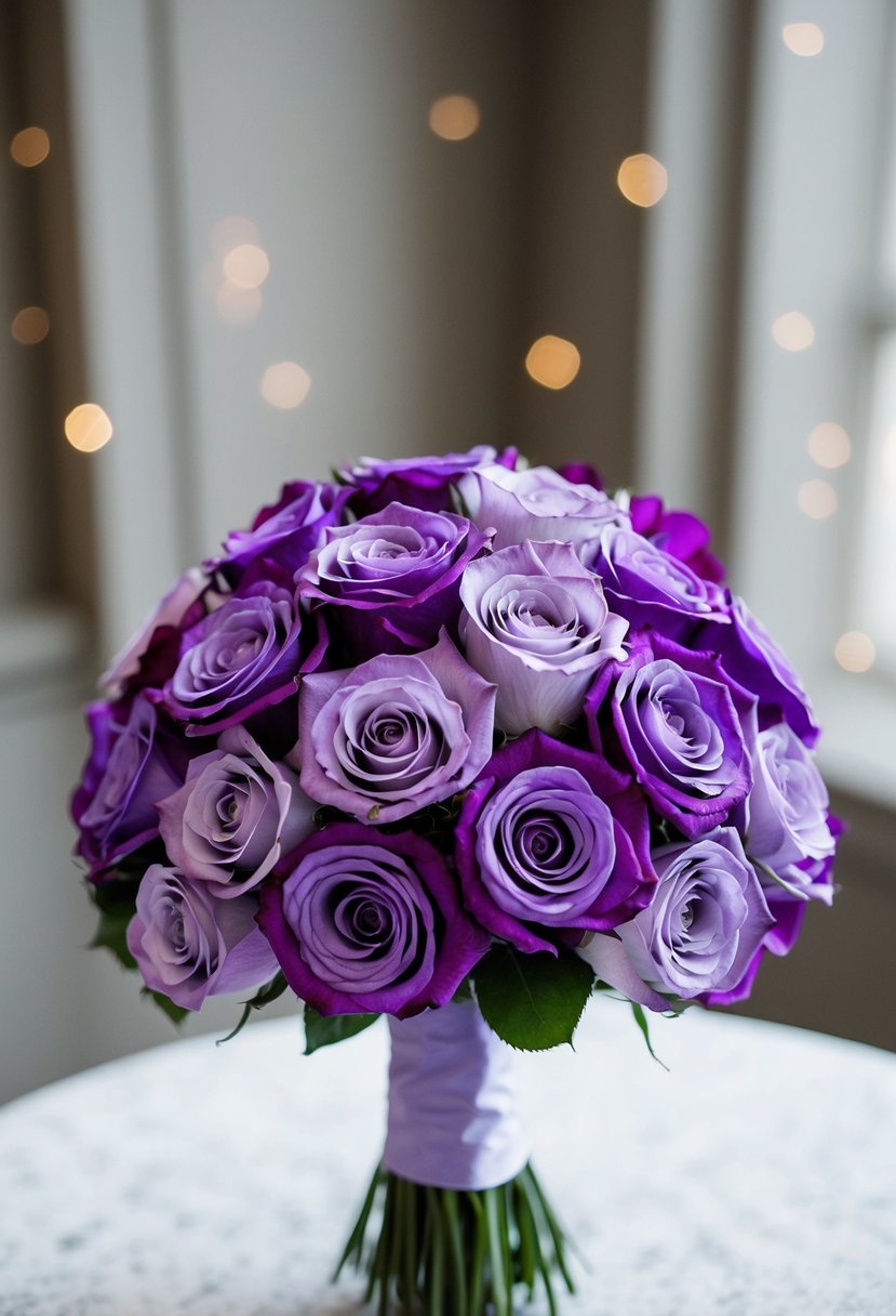 A bouquet of purple and lavender roses arranged in a delicate and elegant wedding bouquet