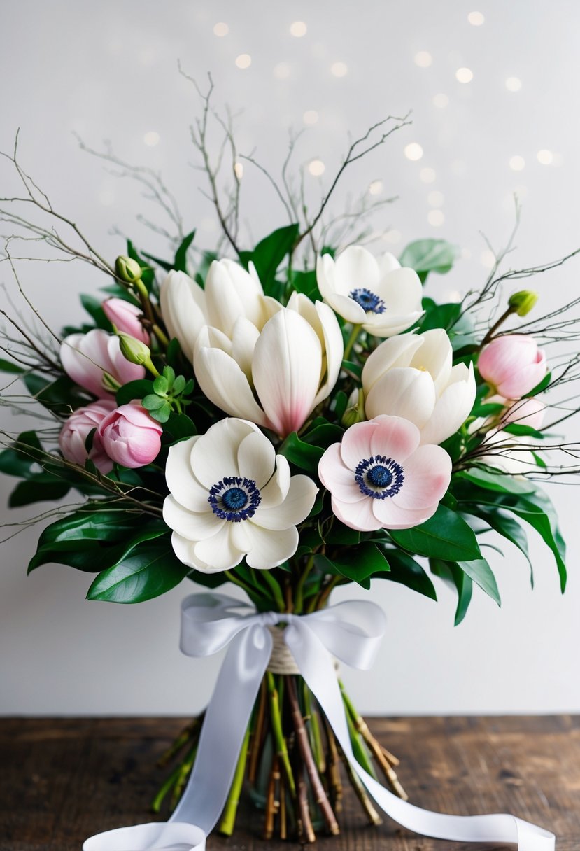 A vibrant bouquet of white magnolias and delicate pink anemones, accented with wispy greenery and tied with a flowing ribbon