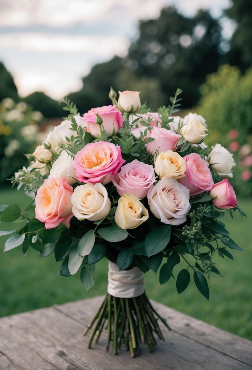 A garden-style bouquet of mixed roses in various shades of pink and white, with green foliage, arranged in a loose and natural manner