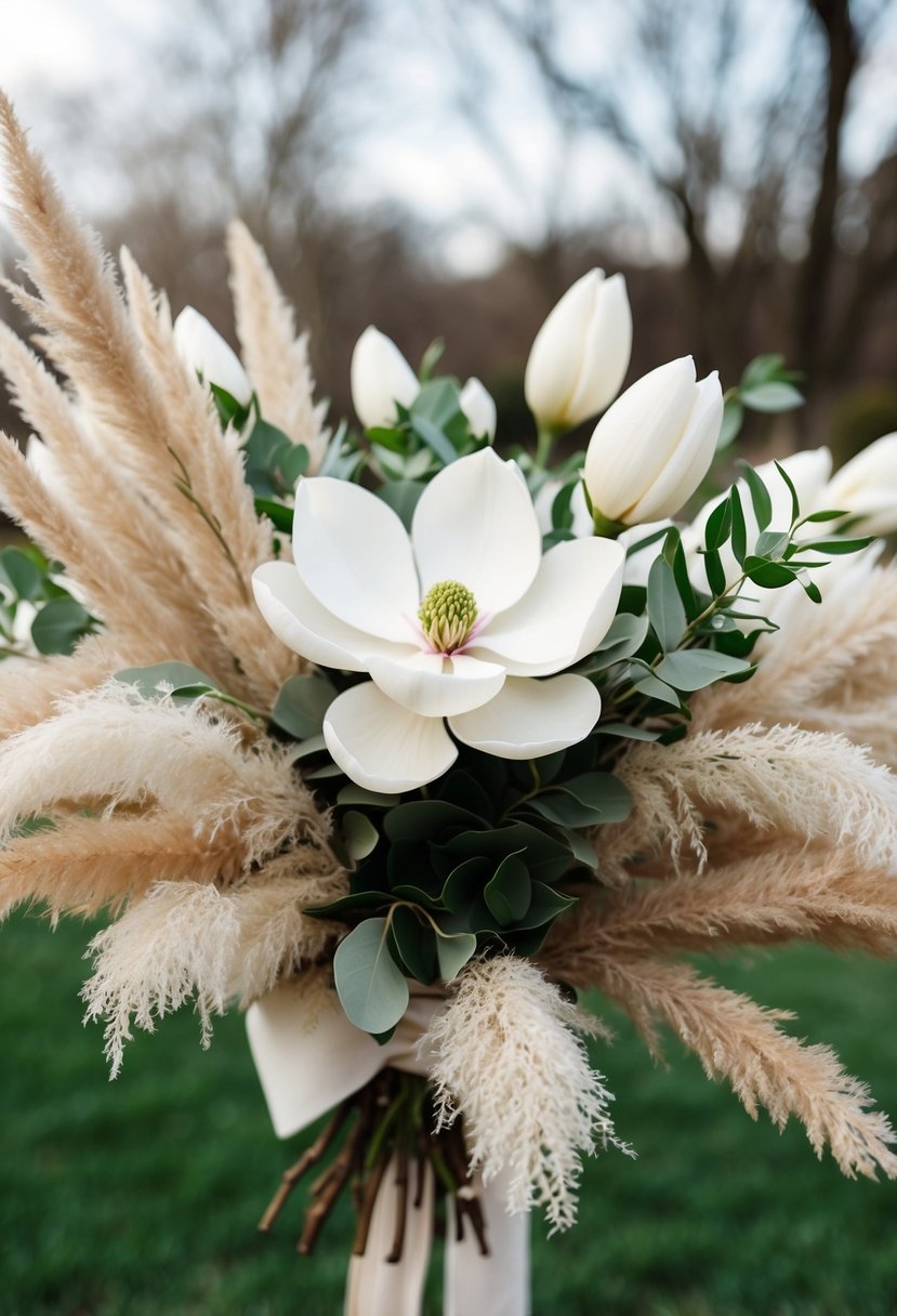 A lush bouquet of magnolia and pampas grass, intertwining in a harmonious fusion of delicate white and soft beige