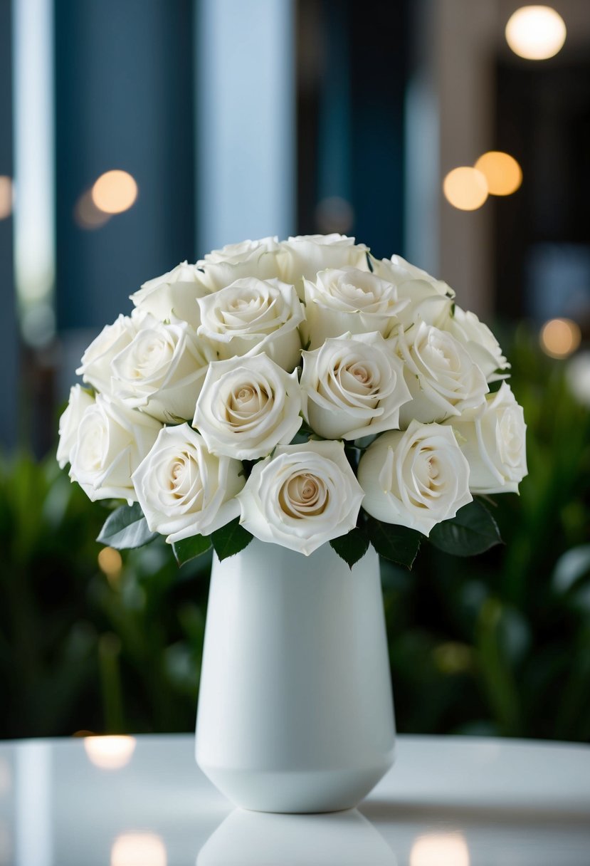 A sleek, all-white rose arrangement in a modern vase, perfect for a wedding bouquet