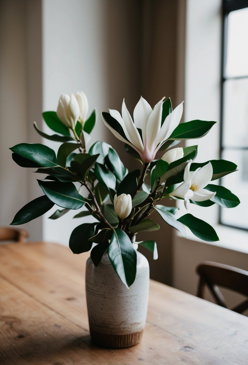 A delicate bouquet of magnolia leaves and soft blooms, arranged in a rustic vase on a wooden table