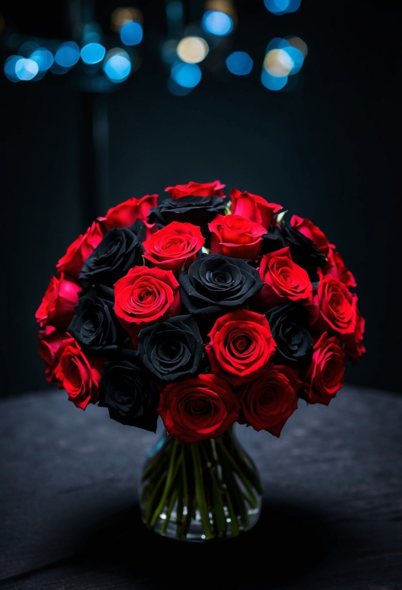 A black and red rose bouquet stands against a dark background, the vibrant colors creating a dramatic and elegant wedding centerpiece