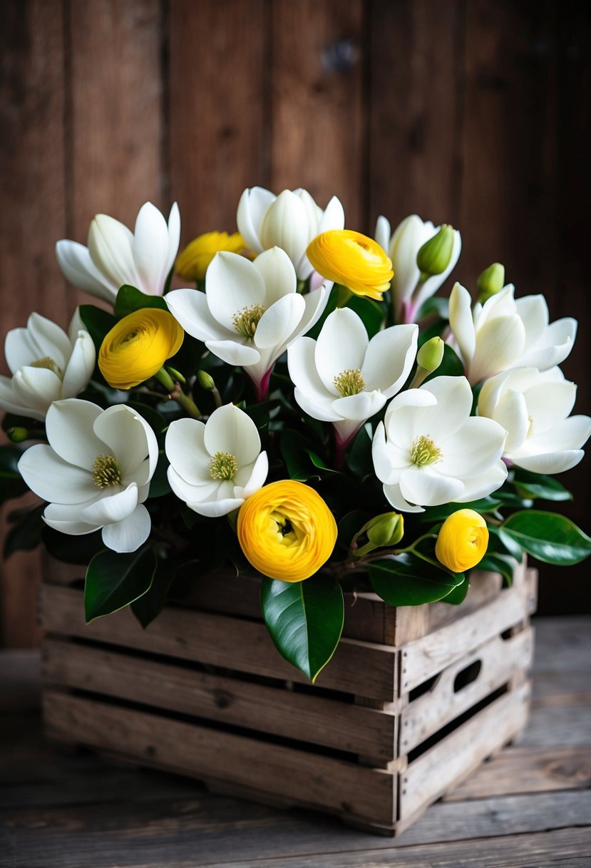 A lush bouquet of white magnolias and yellow ranunculus arranged in a rustic wooden crate