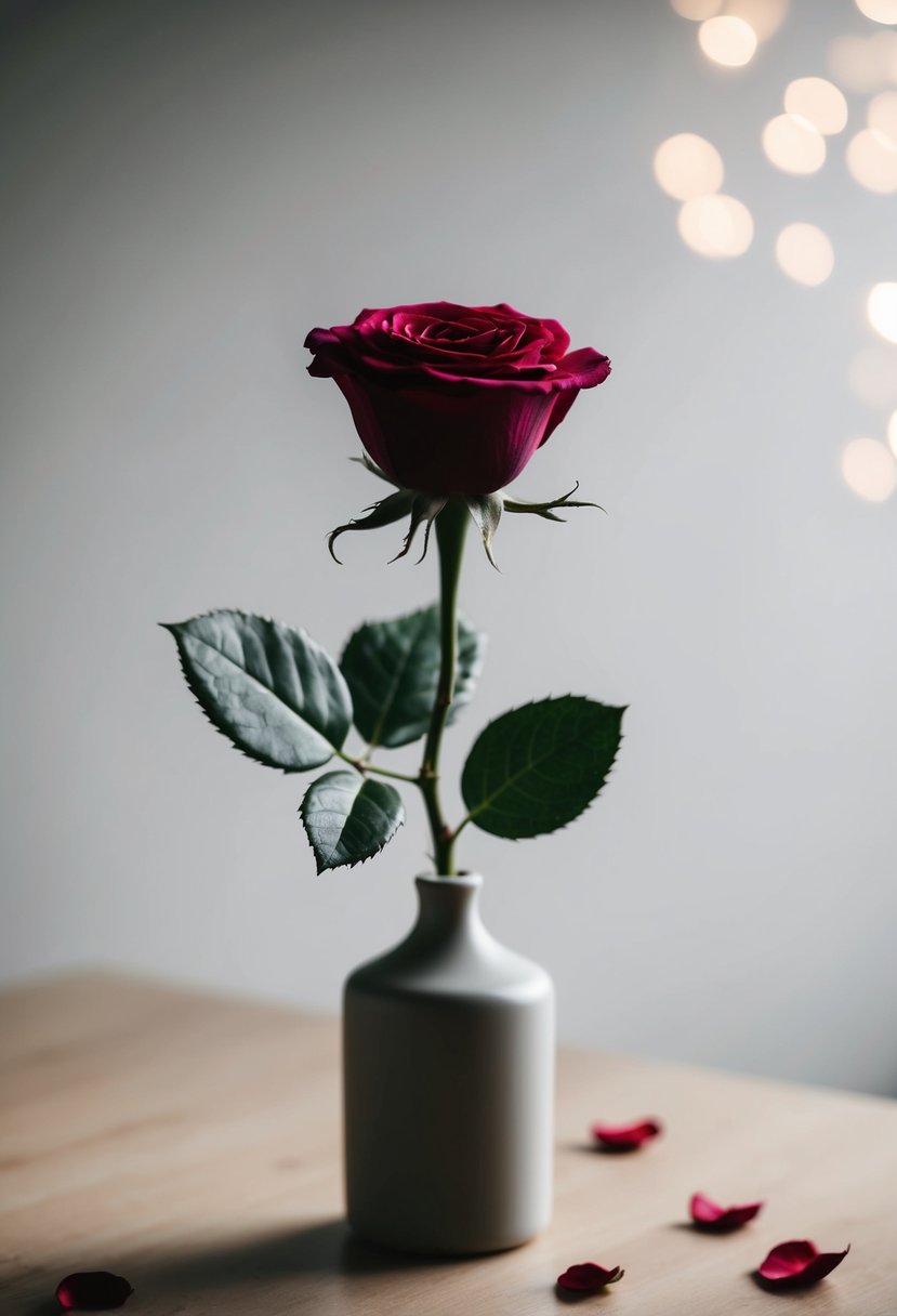 A single rose in a simple vase, with a few scattered petals