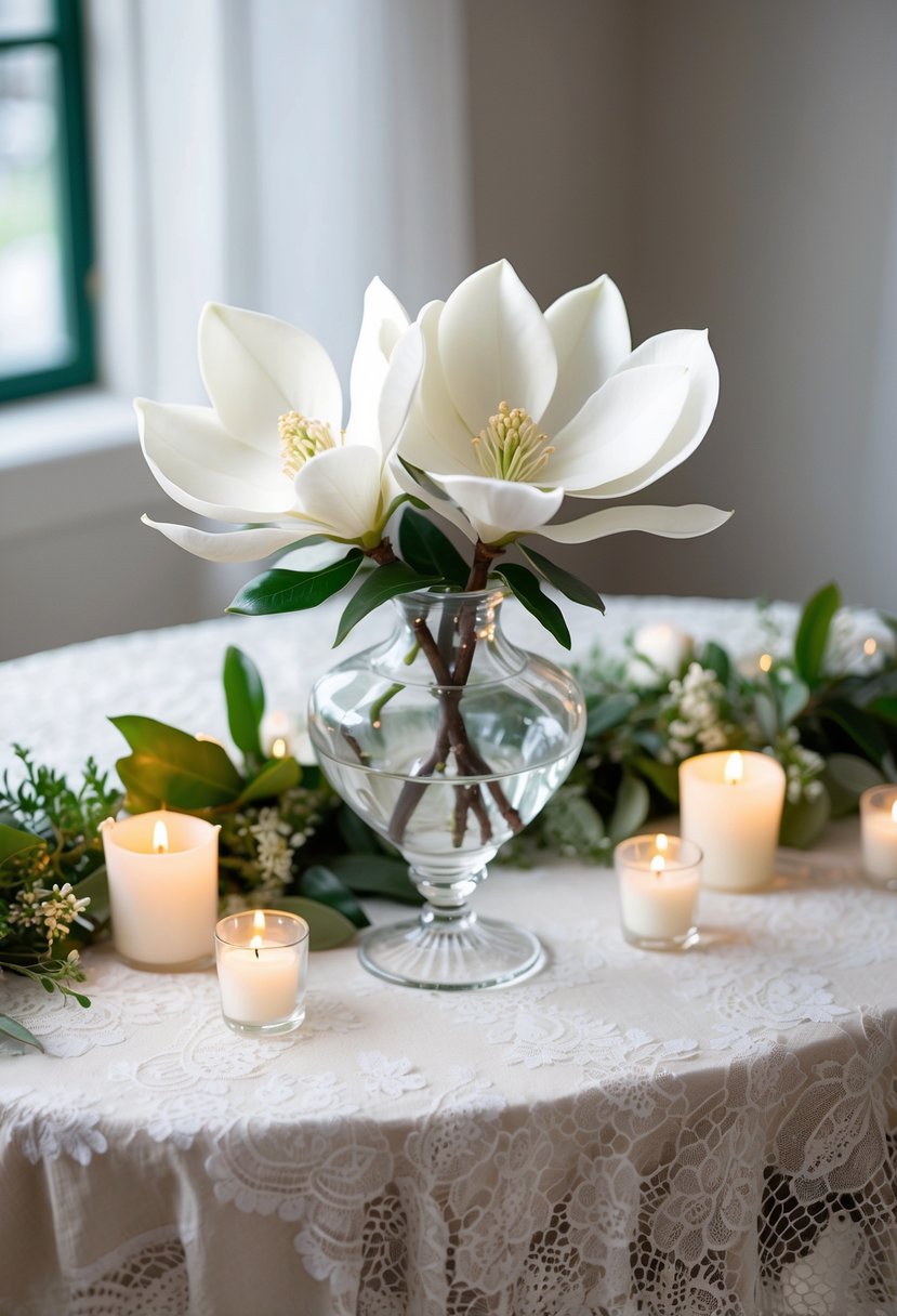 A classic white magnolia posy sits atop a lace-covered table, surrounded by delicate greenery and soft candlelight