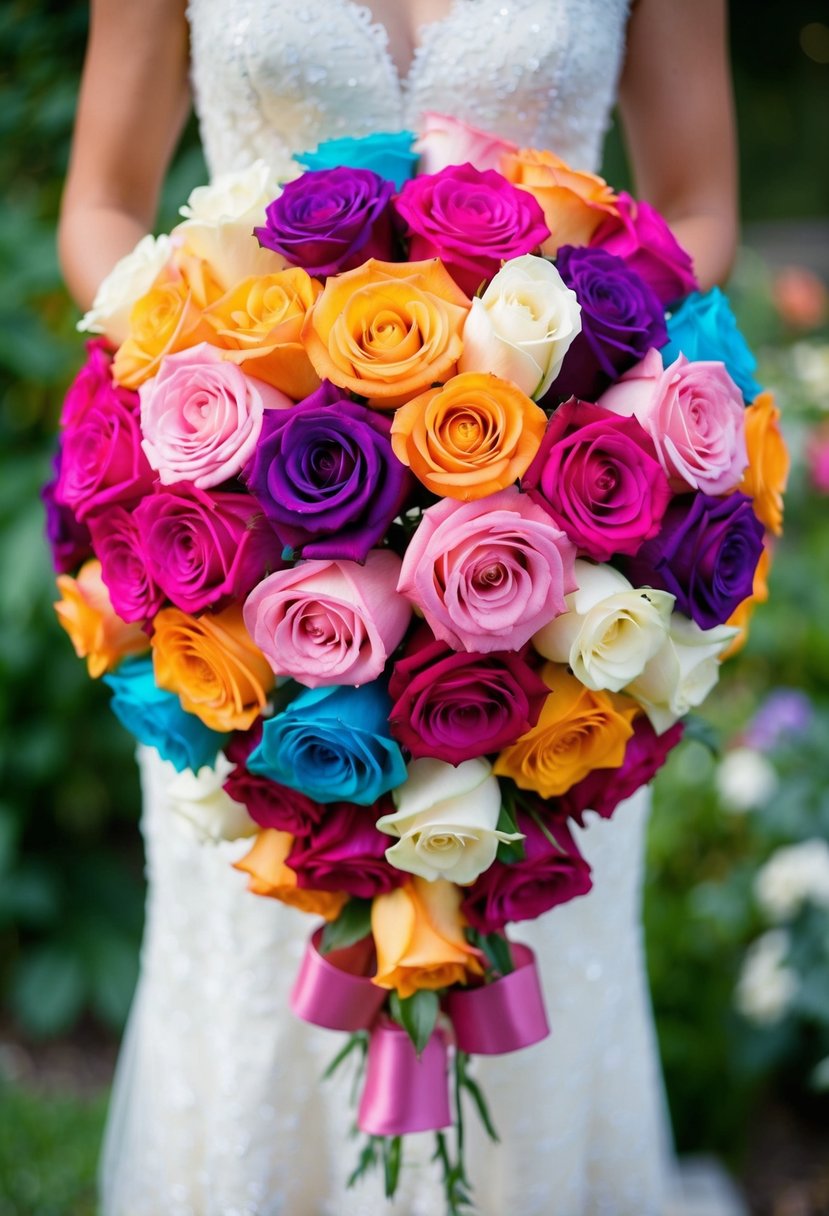 A vibrant multicolor rose ensemble arranged in a cascading wedding bouquet