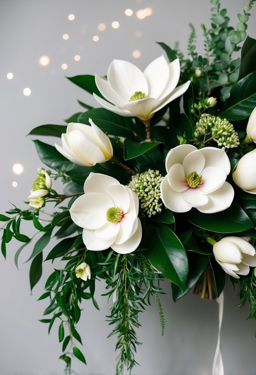 A serene wedding bouquet of magnolias and gardenias, arranged in a delicate, cascading design with lush green foliage