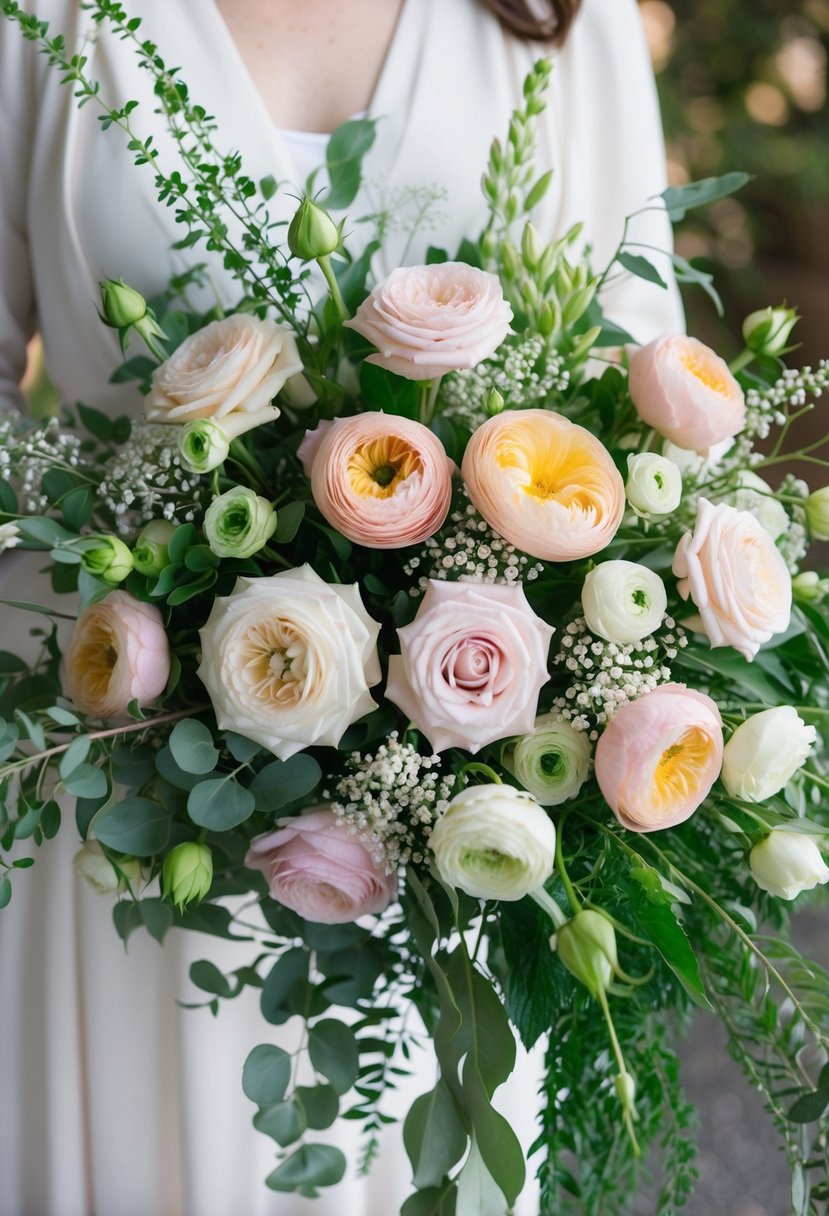 A lush bouquet of roses and ranunculus arranged in a delicate, cascading design, with soft greenery and sprigs of baby's breath interspersed throughout